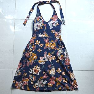 Pact Navy Floral Backless halter Dress Organic Cotton Small Built In Bra